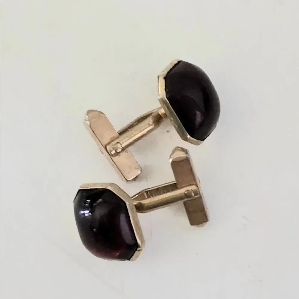 Swank men's cuff links gold color metal dark red stone